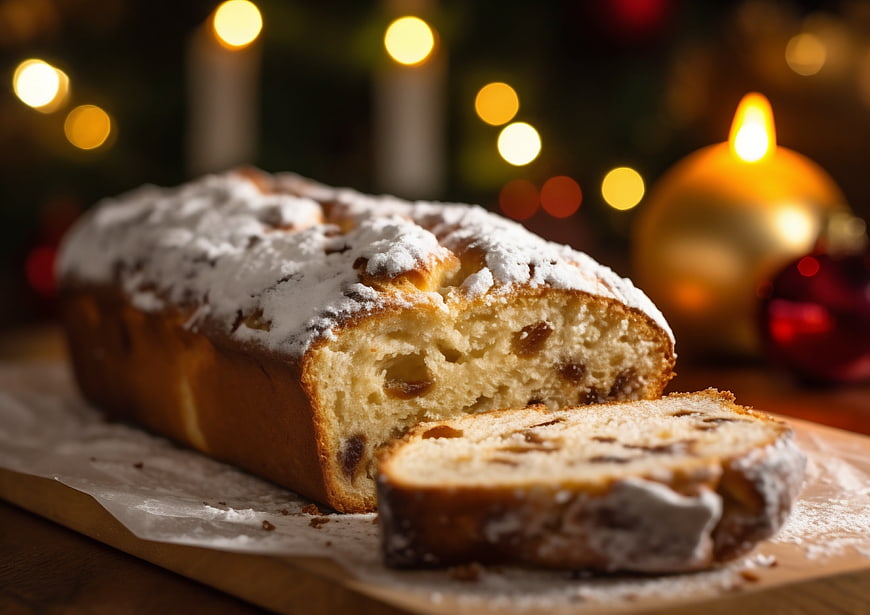 Christmas Panettone with Powdered Sugar and Bokeh Lights