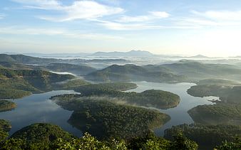 Misty Morning Landscape of Lake and Forested Hills in Dalat Vietnam