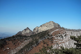 Snowy Mountain Peaks With Pine Trees Under Clear Blue Sky