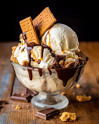 Delicious Ice Cream Sundae with Chocolate Sauce and Biscuits
