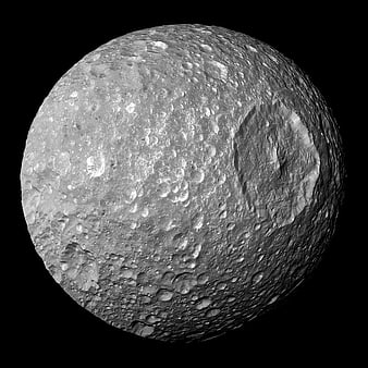 High-resolution black and white image of Saturn's moon Mimas