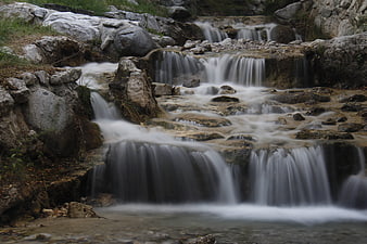 Long Exposure Waterfall Flowing Over Rocks in Nature