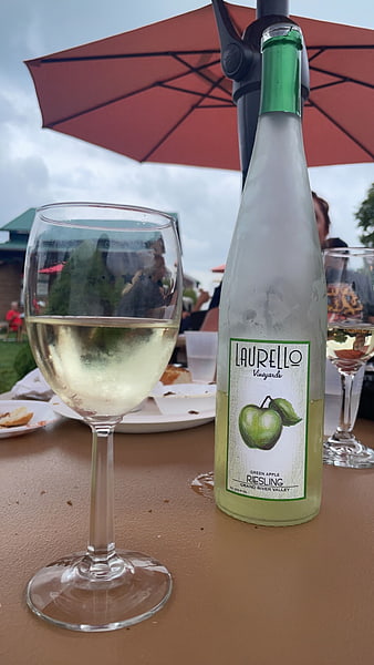Chilled Green Apple Riesling Wine Bottle and Glass Outdoors