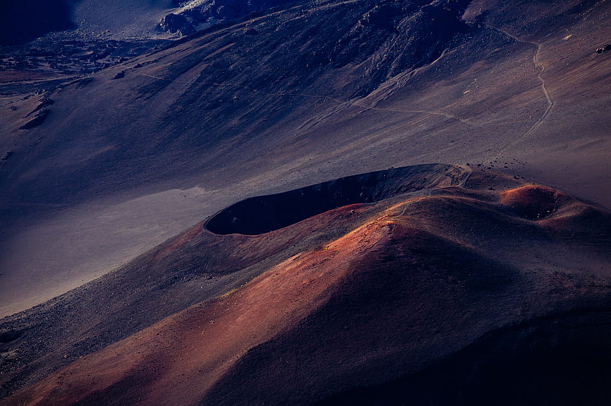 Aerial View of Volcanic Crater and Slopes at Dusk