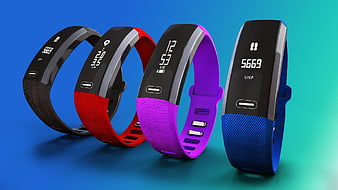 Four colorful fitness activity trackers with digital step counters on gradient background
