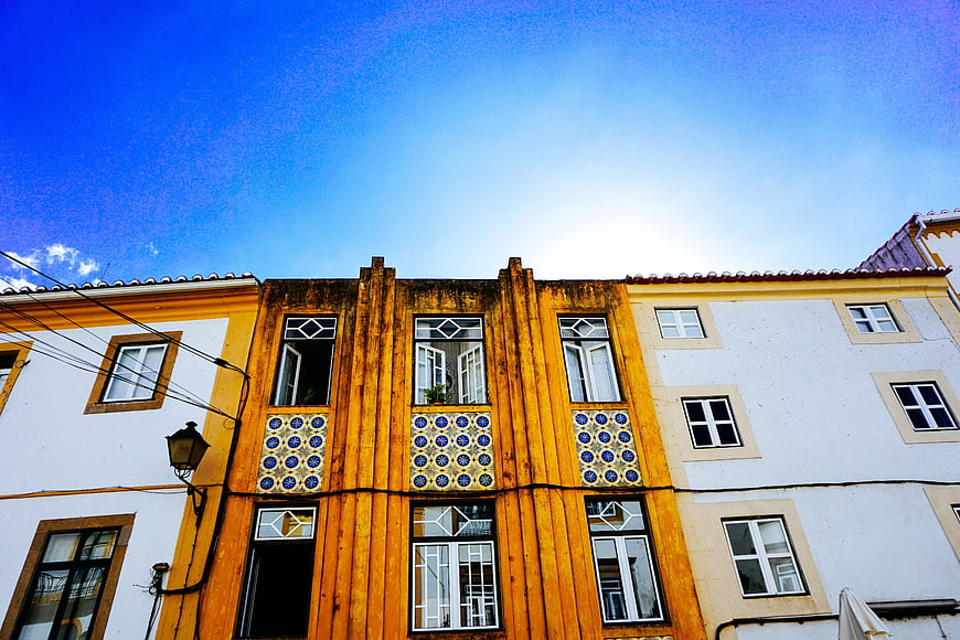 Colorful Portuguese Building with Blue Tiles and Blue Sky