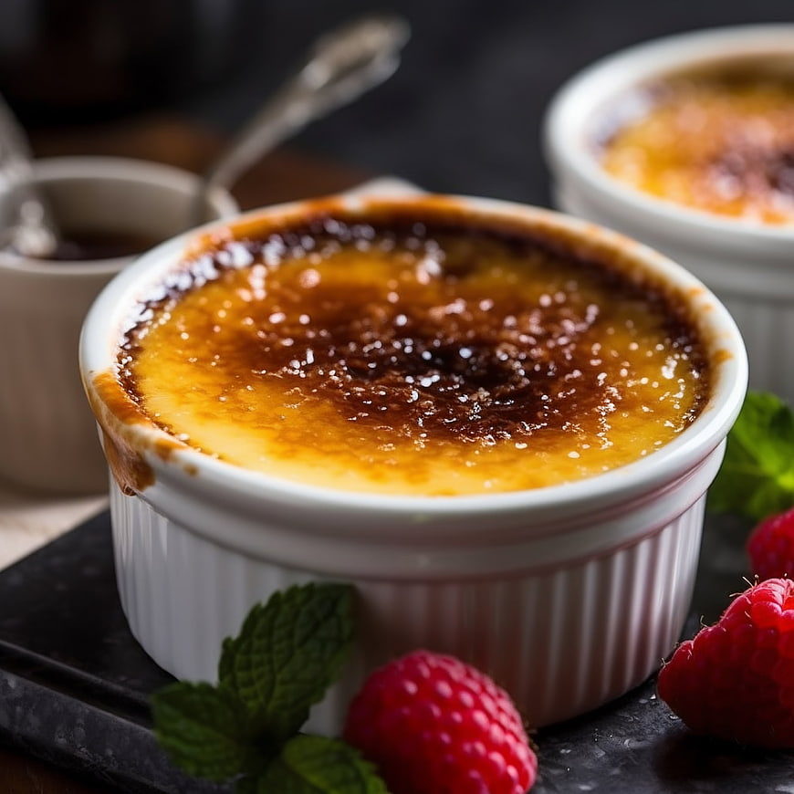 Close-up of Creme Brulee with Raspberries and Mint