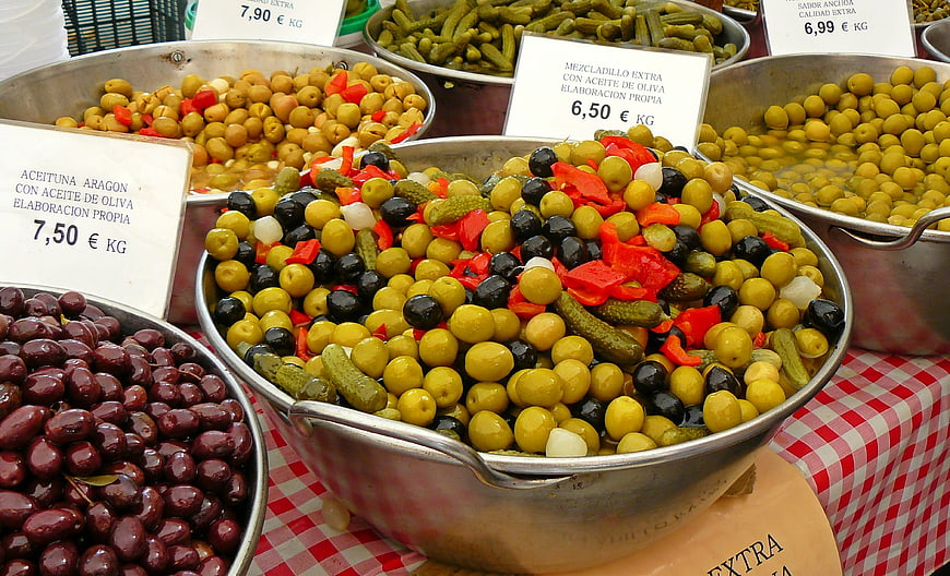 Fresh Mediterranean Olives And Pickles At Spanish Market Stall