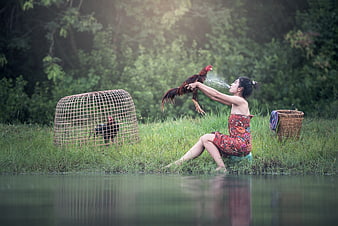 Woman washing rooster in river with bamboo cage