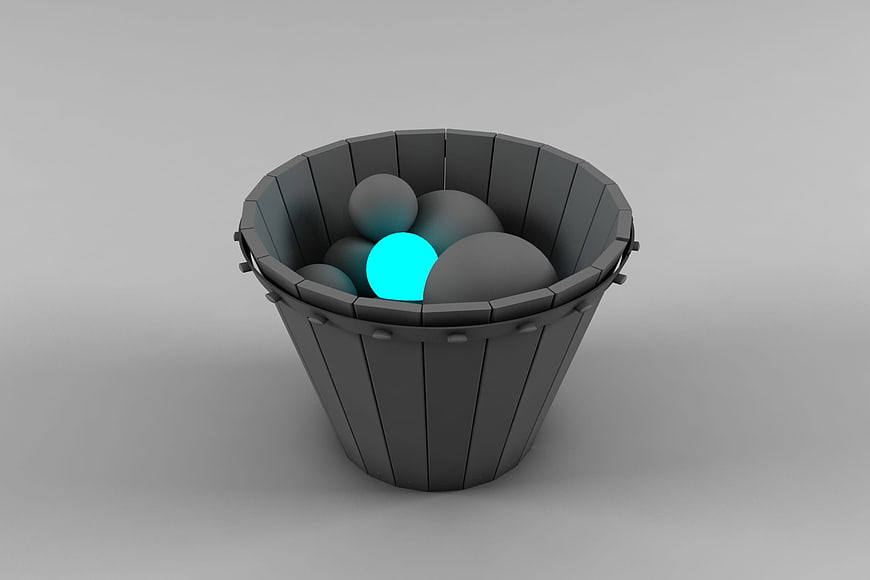 3D Render of Glowing Cyan Sphere in Dark Bucket