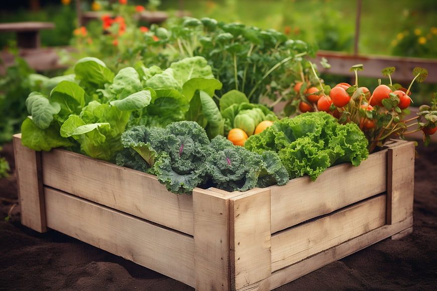 Fresh organic vegetables in a wooden crate garden