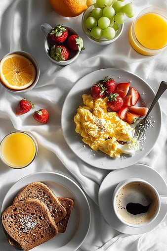 Overhead View of Healthy Breakfast with Eggs, Fruit, and Coffee