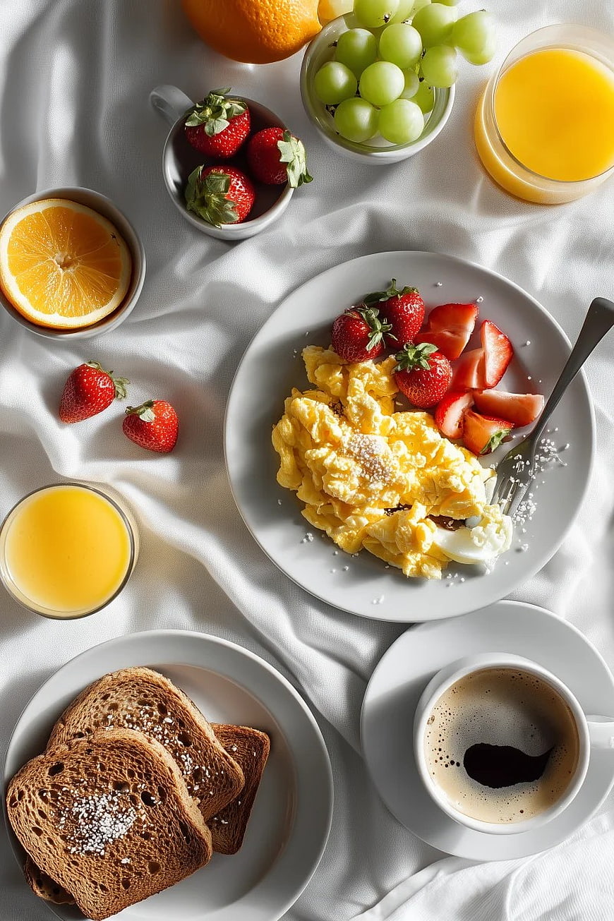 Overhead View of Healthy Breakfast with Eggs, Fruit, and Coffee
