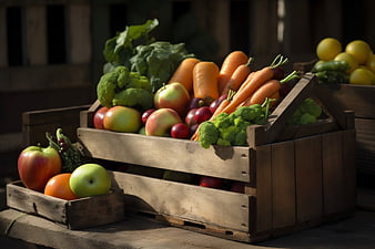 Fresh organic vegetables and fruits in rustic wooden crates