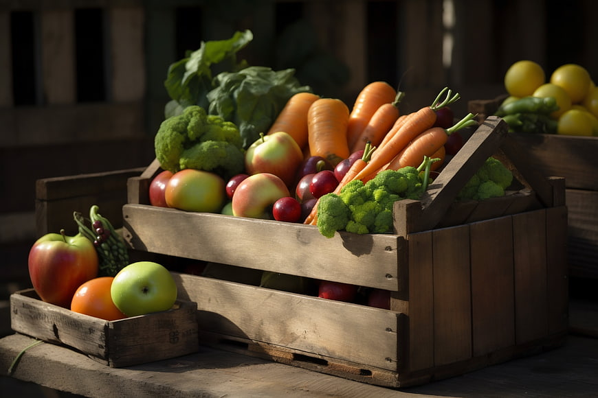 Fresh organic vegetables and fruits in rustic wooden crates