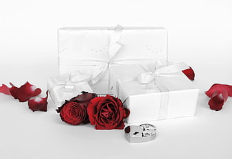 White Gift Boxes with Red Roses and Heart Lock