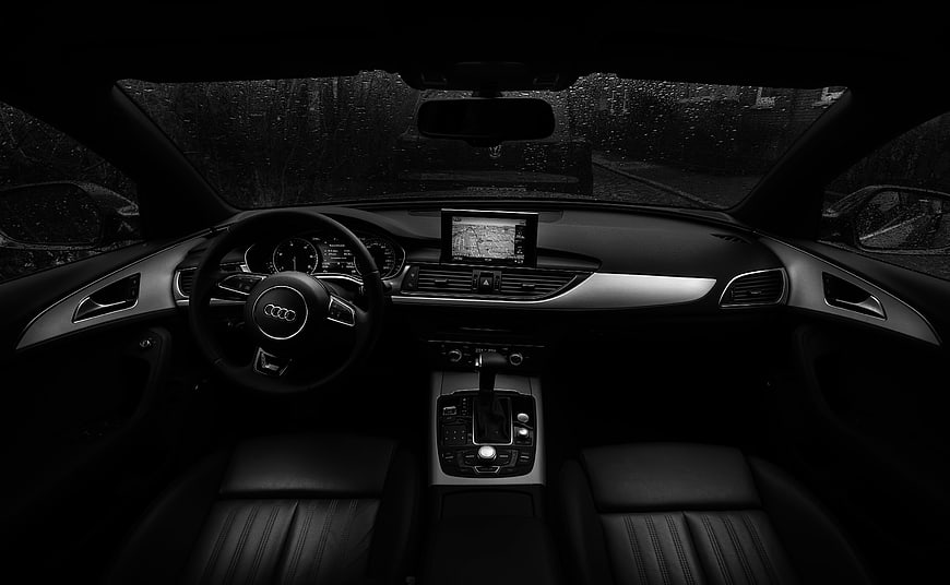 Dark Moody Audi Car Interior Dashboard And Steering Wheel