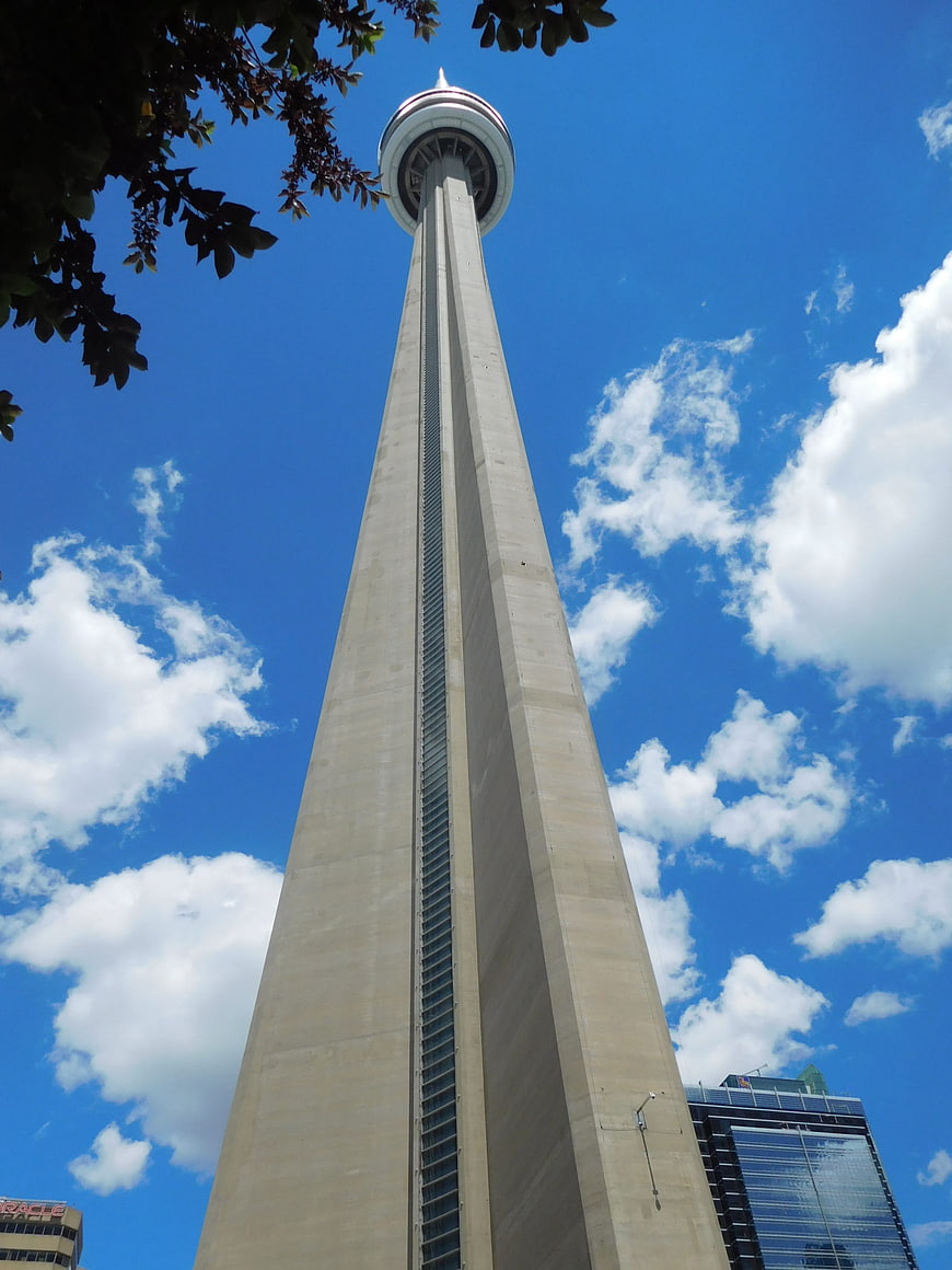 Low angle view of CN Tower against blue sky