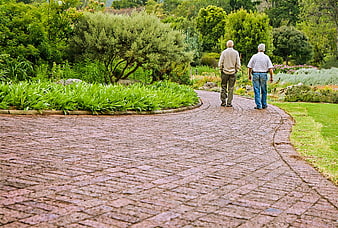 Two elderly men walking on a brick path in a garden