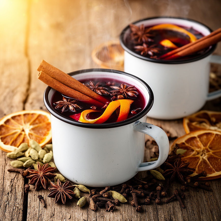 Hot Mulled Wine with Spices and Dried Oranges