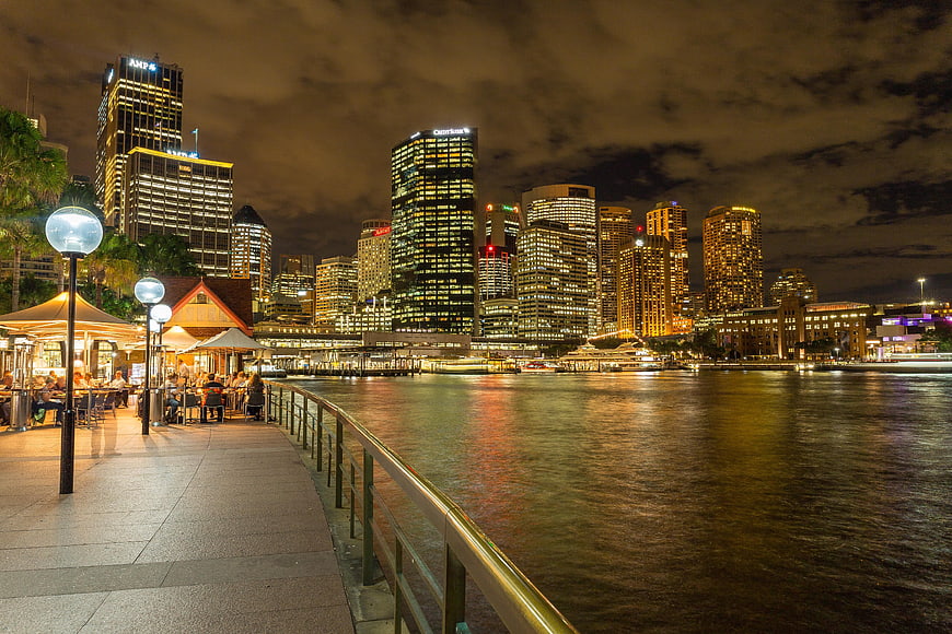 Sydney Circular Quay Night Skyline with Waterfront Dining