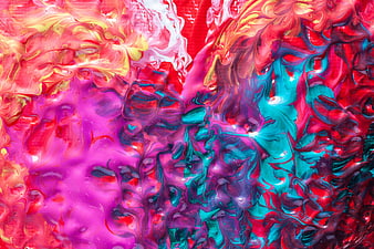 Vibrant Abstract Fluid Art Background With Swirling Pink, Red, And Turquoise Paint