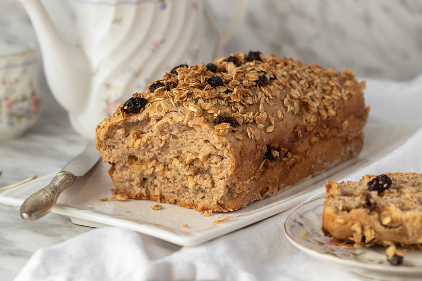 Homemade oat raisin loaf cake with crumble topping