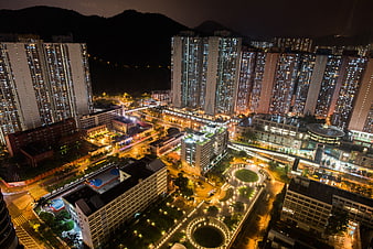 Aerial Night View of Hong Kong Residential Towers and Park