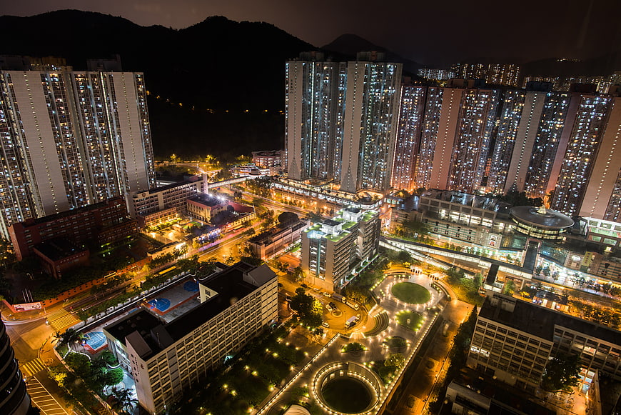 Aerial Night View of Hong Kong Residential Towers and Park