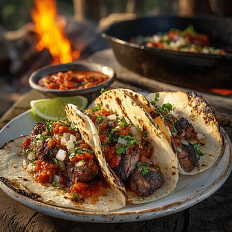 Grilled Steak Tacos with Salsa and Lime on Plate