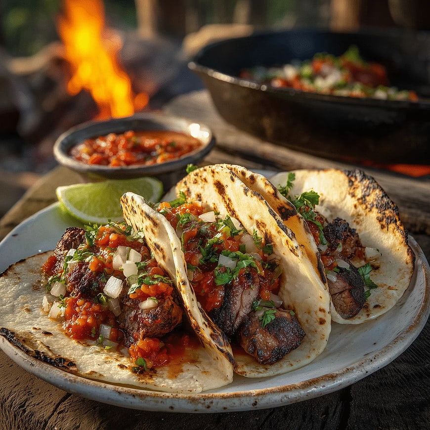 Grilled Steak Tacos with Salsa and Lime on Plate