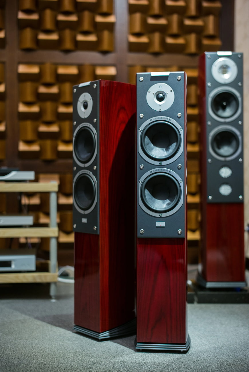 High-End Red Tower Speakers in Acoustic Studio
