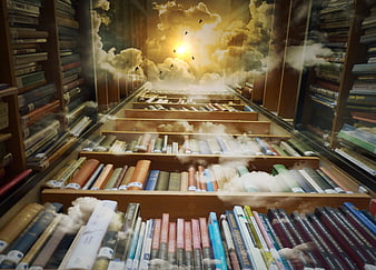 Magical library with clouds and birds flying through bookshelves