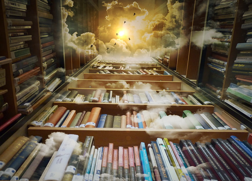 Magical library with clouds and birds flying through bookshelves