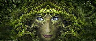 Surreal Portrait of Woman with Moss and Root Headdress