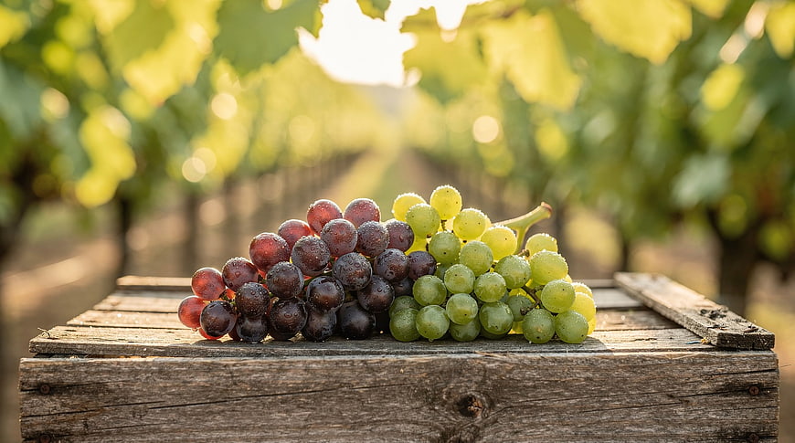 Fresh Red and Green Grapes on Wooden Crate in Vineyard