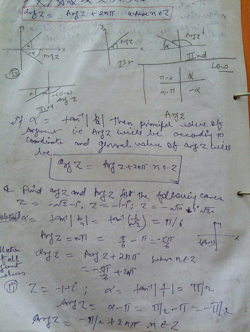 Handwritten mathematics notes on complex number arguments