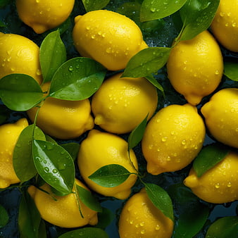 Fresh Yellow Lemons with Green Leaves and Water Droplets
