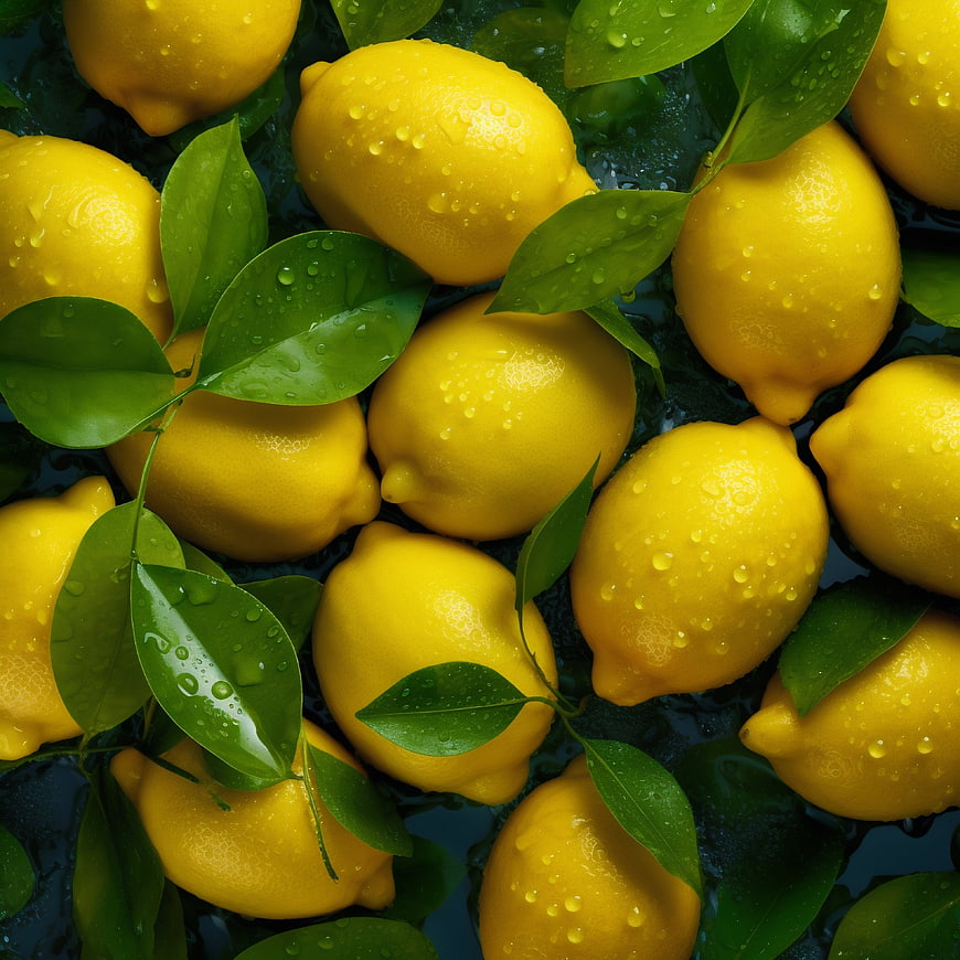 Fresh Yellow Lemons with Green Leaves and Water Droplets