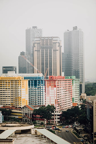 Colorful Singapore HDB Blocks and Skyscrapers Urban Skyline