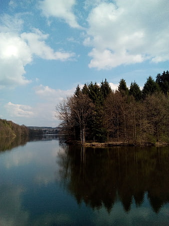 Serene Lake with Forest Reflection and Blue Sky