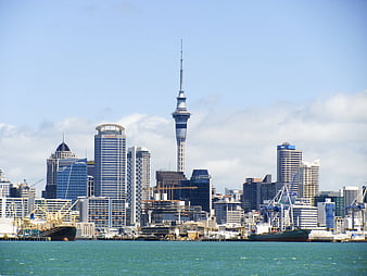 Auckland Skyline with Sky Tower and Harbor View
