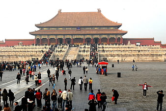 Tourists Walking In The Grand Courtyard Of The Forbidden City Beijing