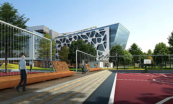 Modern architectural visualization of sports complex with basketball court