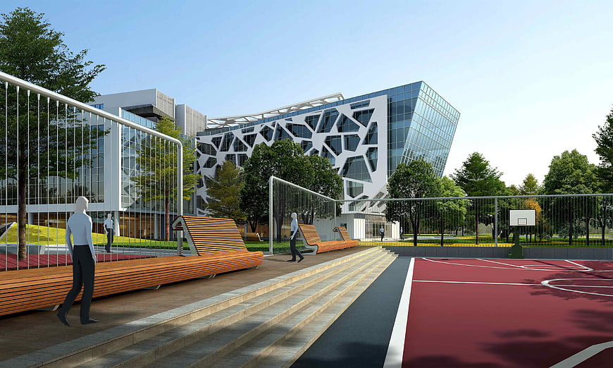 Modern architectural visualization of sports complex with basketball court