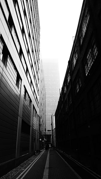 Black and white urban alleyway with modern skyscraper