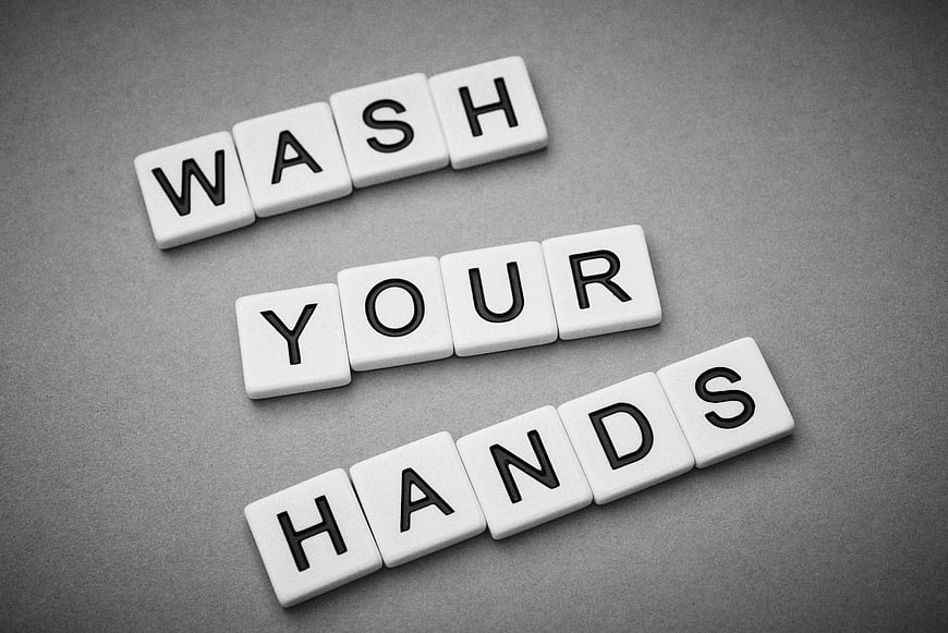 Wash Your Hands Scrabble Tiles on Gray Background