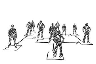Hand-drawn sketch of business organization chart with people silhouettes