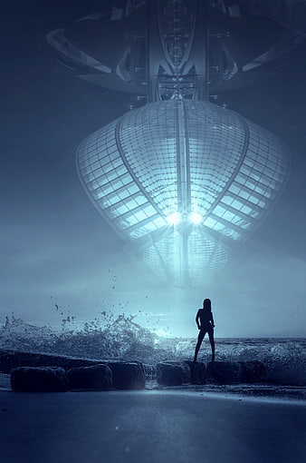 Futuristic UFO Hovering Over Woman Silhouette on Beach