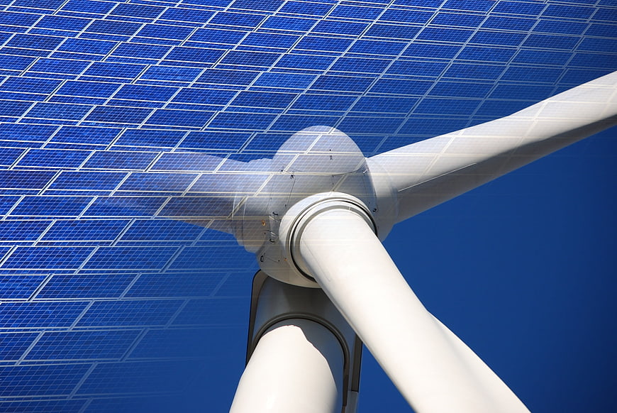 Wind Turbine And Solar Panel Double Exposure Renewable Energy Concept